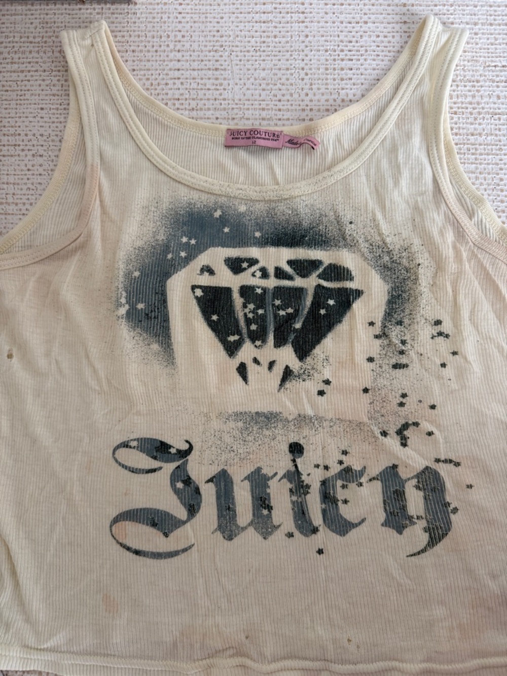 Juicy Couture Cream Ribbed Tank with Gray Graphic Diamond Logo